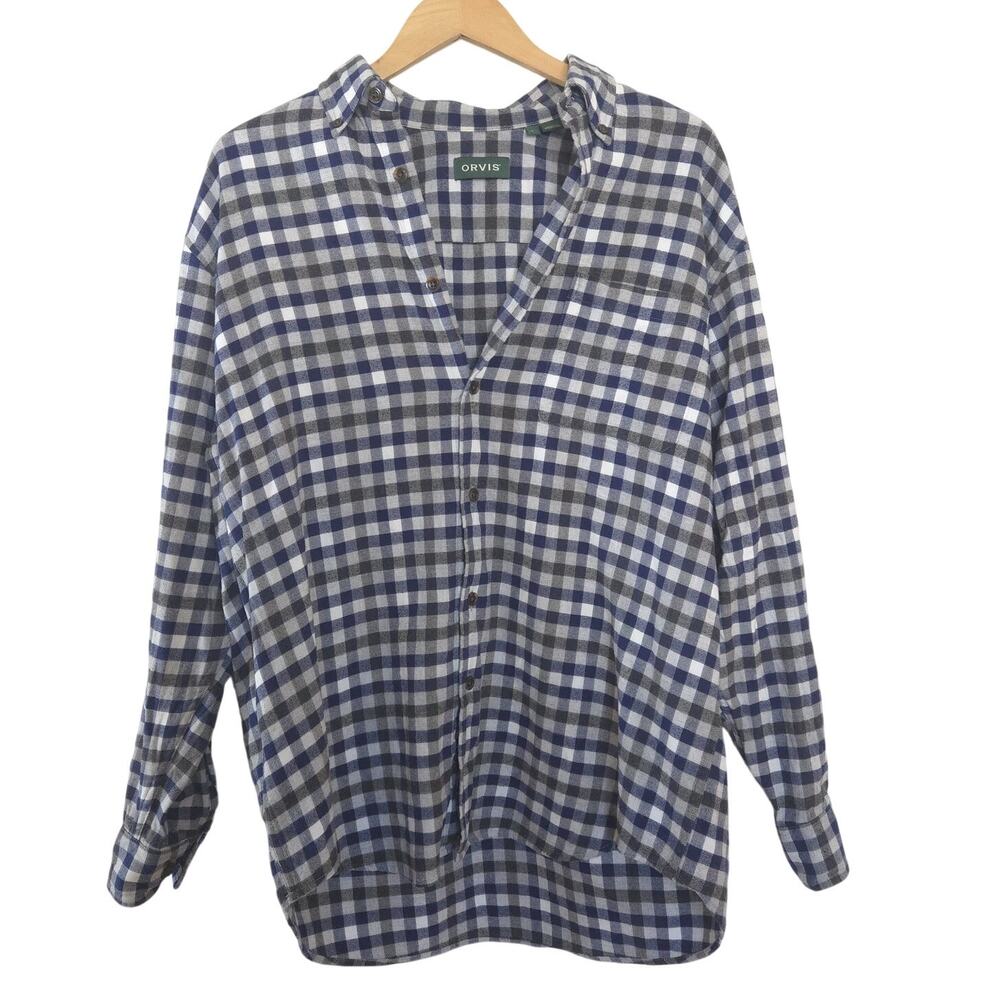 Orvis L Navy Gray White Gingham Luxury Flannel Cotton Trail Button Down Shirt